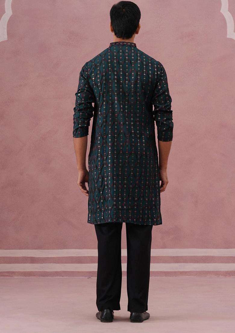Olive Embroidery Silk Kurta Pyjama Set For Men - Indya