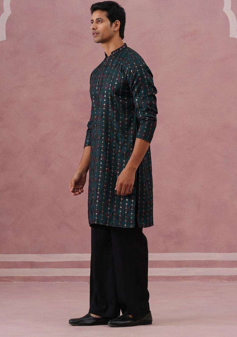 Olive Embroidery Silk Kurta Pyjama Set For Men - Indya