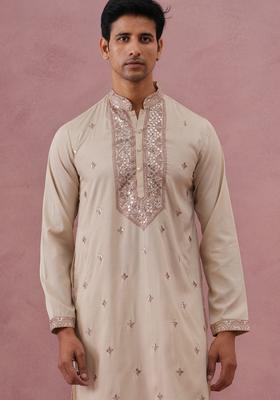 Cream Embroidery Silk Blend Kurta Pyjama Set For Men