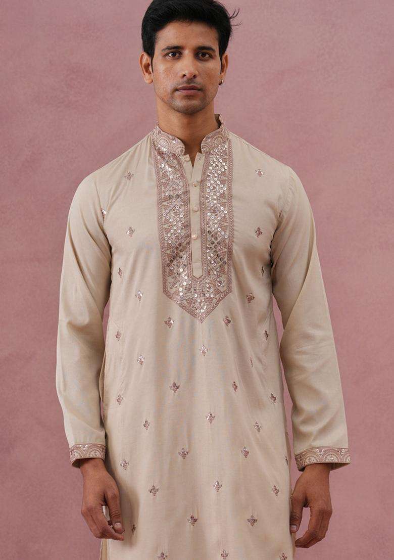 Cream Embroidery Silk Blend Kurta Pyjama Set For Men - Indya