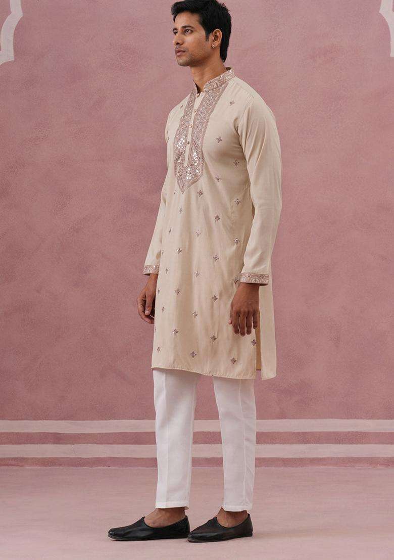 Cream Embroidery Silk Blend Kurta Pyjama Set For Men - Indya