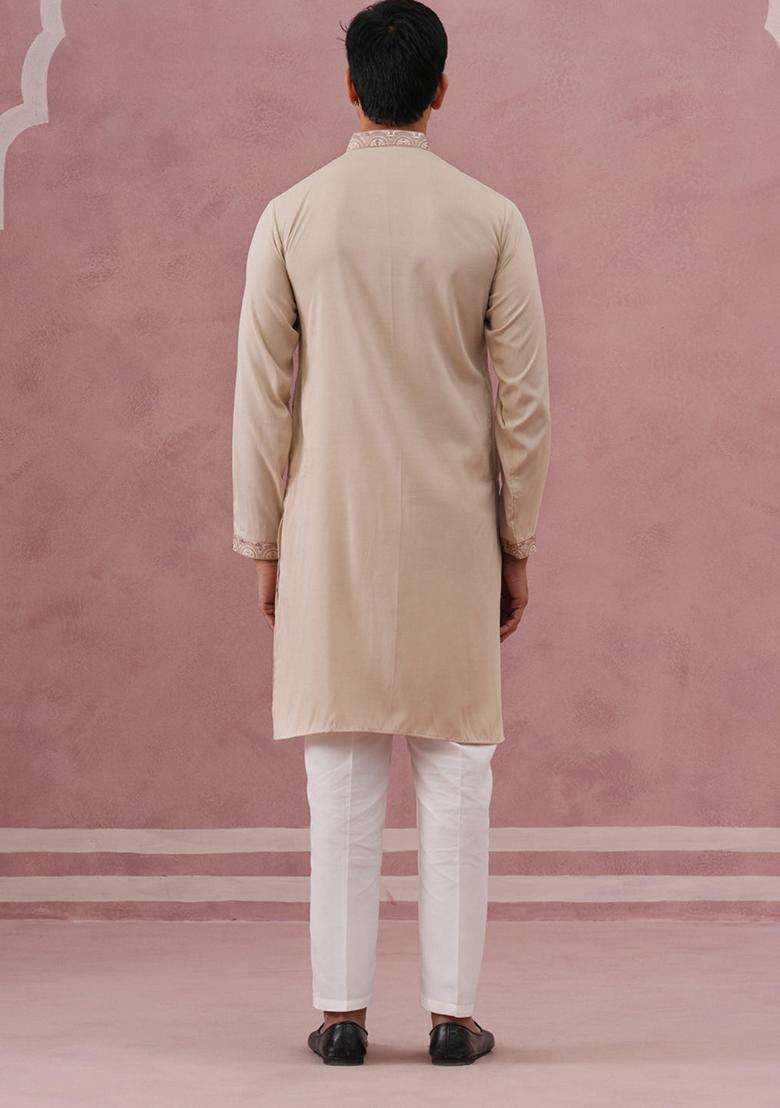 Cream Embroidery Silk Blend Kurta Pyjama Set For Men - Indya