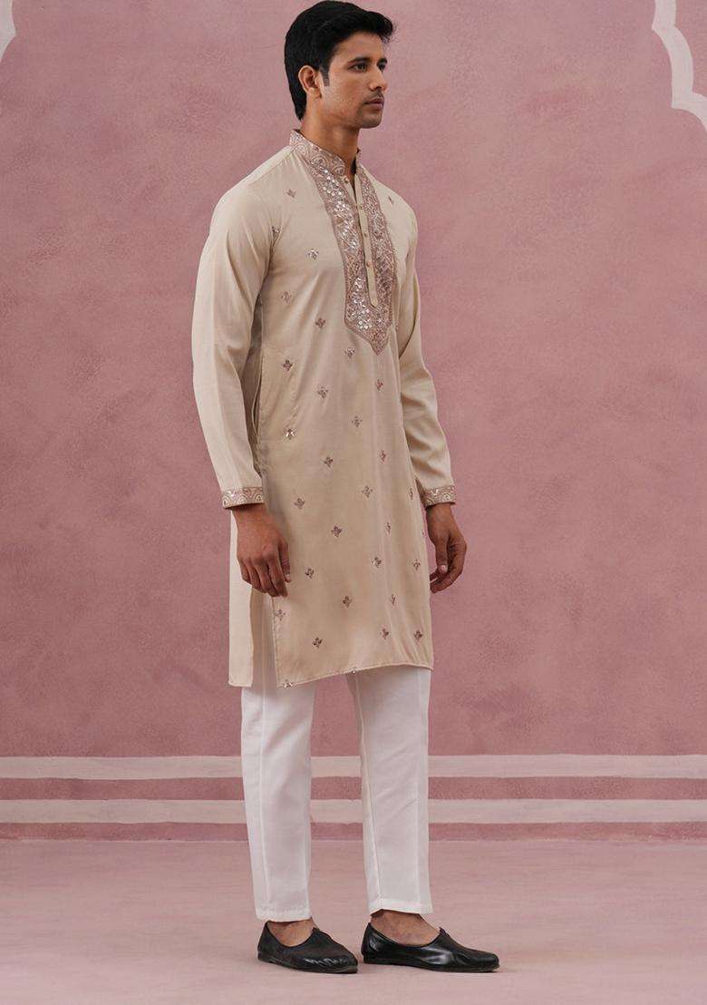 Cream Embroidery Silk Blend Kurta Pyjama Set For Men - Indya