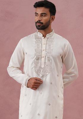 White Embroidery Silk Kurta Pyjama Set For Men