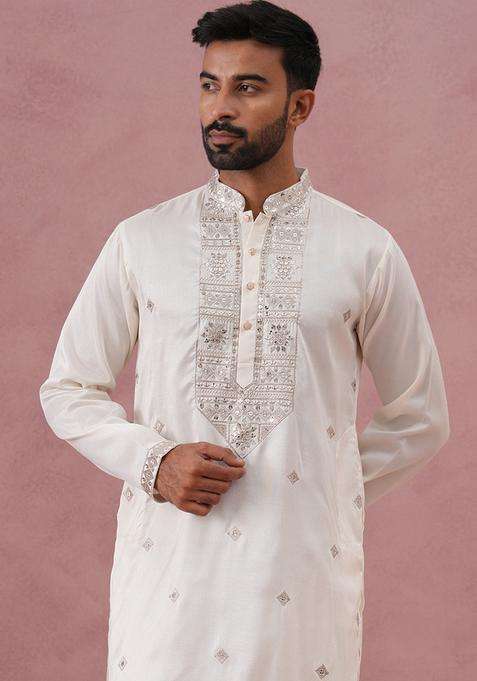 White Embroidery Silk Blend Kurta Pyjama Set For Men