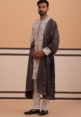 Cream Printed Cotton Kurta Pyjama Set For Men