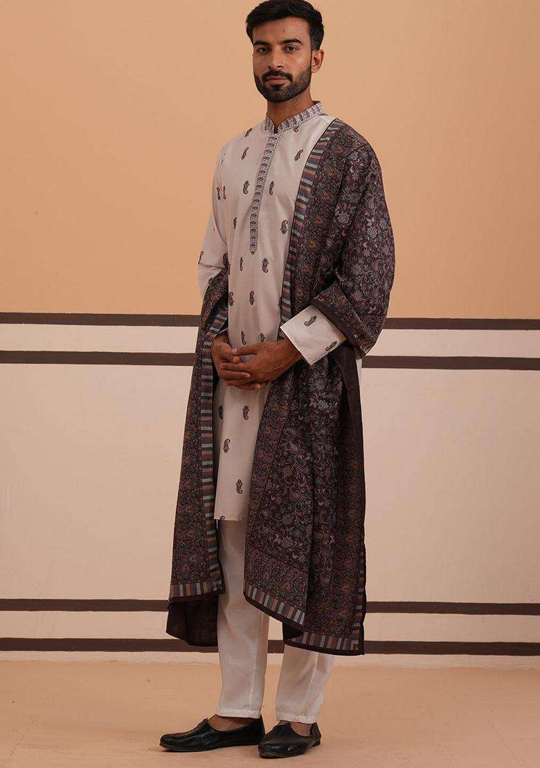 Cream Printed Cotton Kurta Pyjama Set For Men - Indya