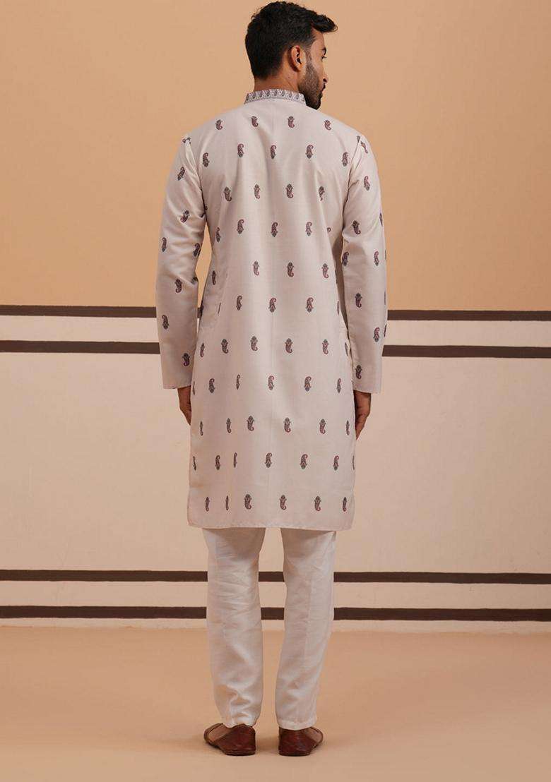 Cream Printed Cotton Kurta Pyjama Set For Men - Indya