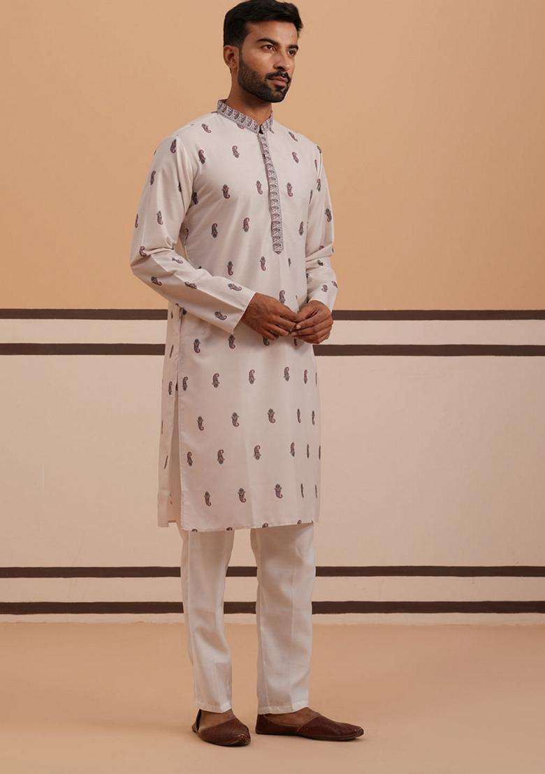 Cream Printed Cotton Kurta Pyjama Set For Men - Indya