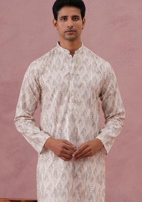 Peach Printed Silk Kurta Pyjama Set For Men