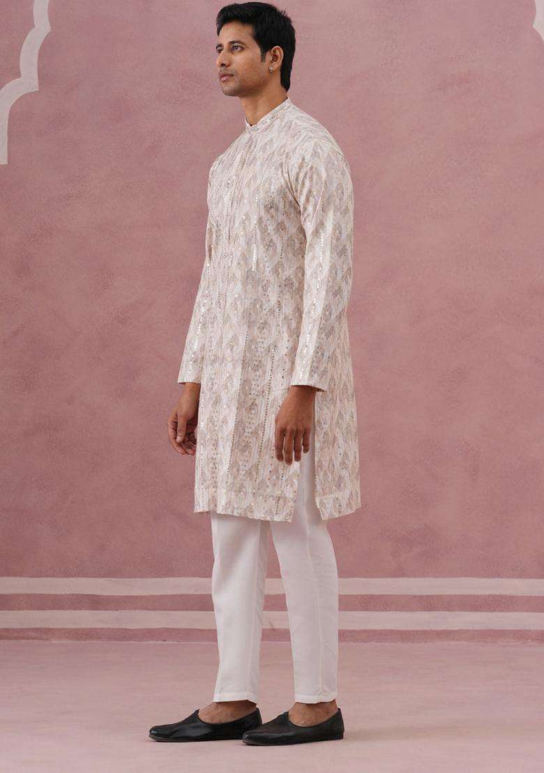 Peach Printed Silk Blend Kurta Pyjama Set For Men - Indya