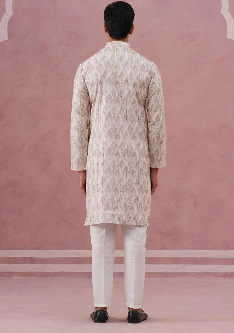 Peach Printed Silk Blend Kurta Pyjama Set For Men - Indya