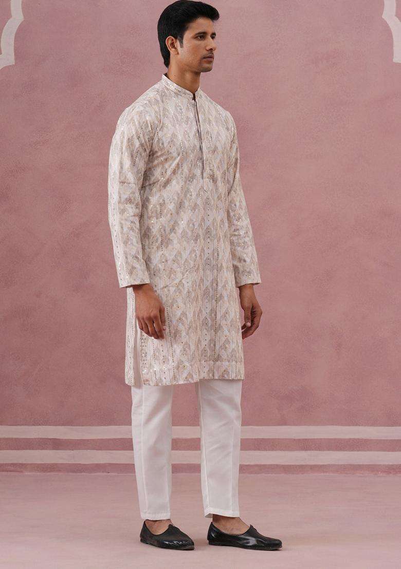 Peach Printed Silk Blend Kurta Pyjama Set For Men - Indya
