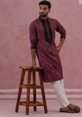 Maroon Embroidery Silk Kurta Pyjama Set For Men