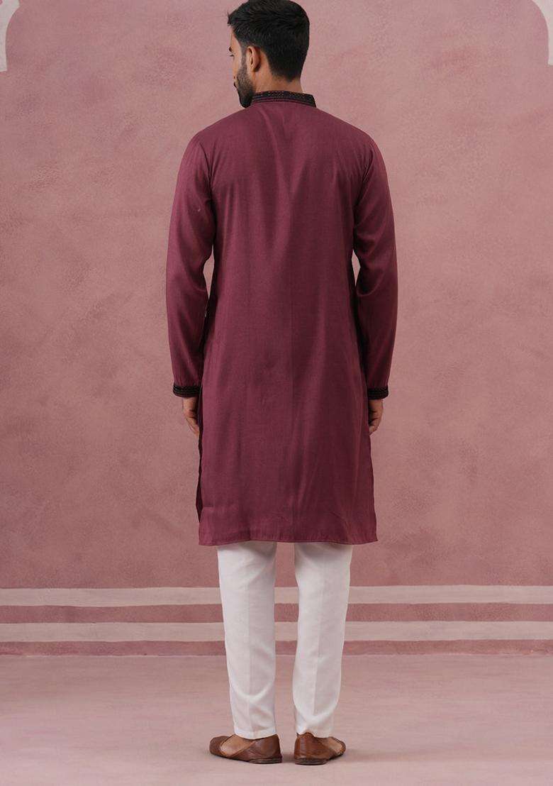 Maroon Embroidery Silk Blend Kurta Pyjama Set For Men - Indya