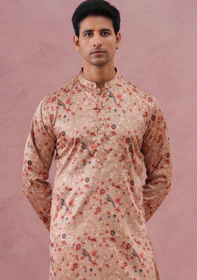 Golden Printed Silk Blend Kurta Pyjama Set For Men - Indya