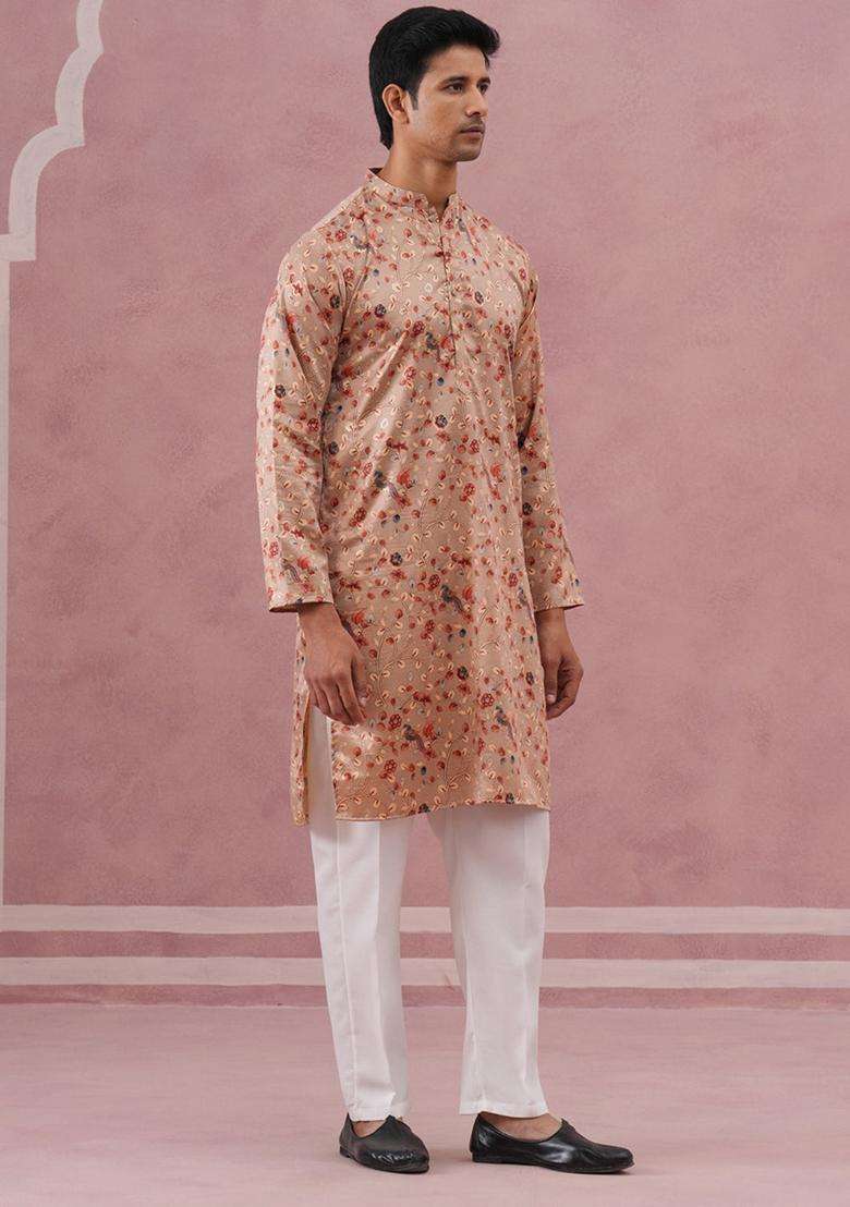 Golden Printed Silk Blend Kurta Pyjama Set For Men - Indya