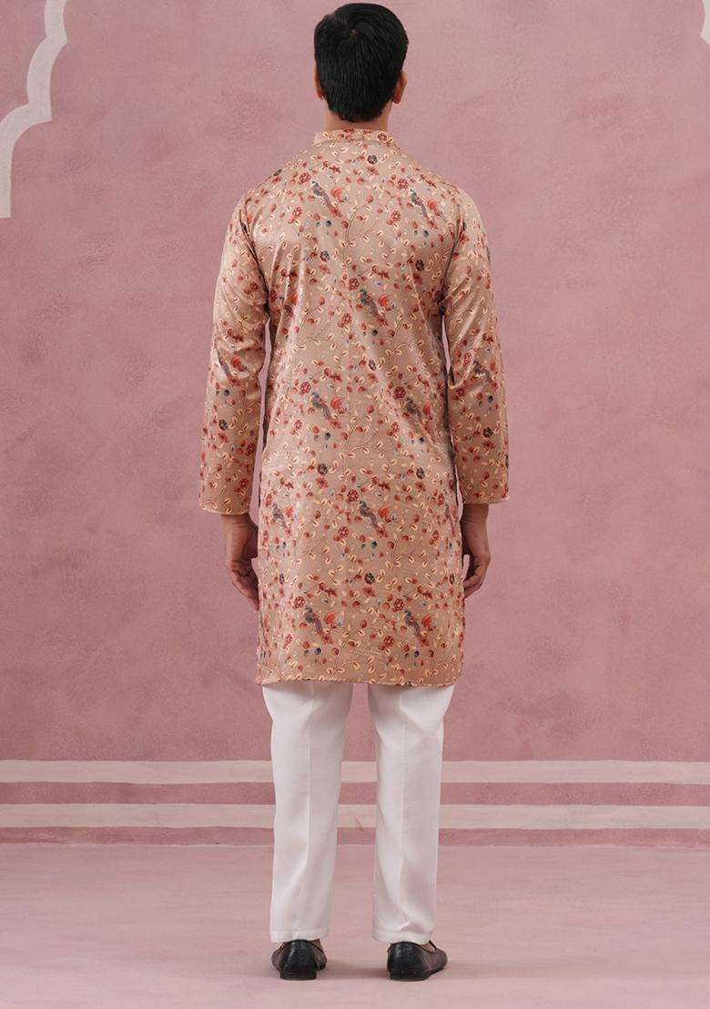 Golden Printed Silk Blend Kurta Pyjama Set For Men - Indya