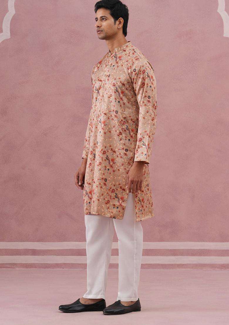 Golden Printed Silk Blend Kurta Pyjama Set For Men - Indya