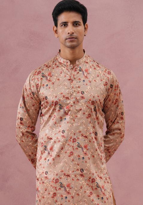 Golden Printed Silk Blend Kurta Pyjama Set For Men