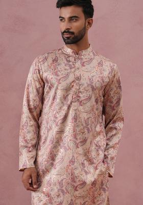 Cream Printed Silk Kurta Pyjama Set For Men