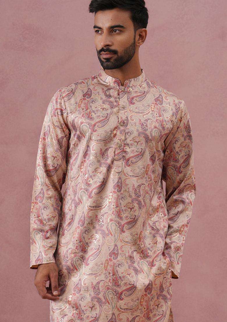 Cream Printed Silk Blend Kurta Pyjama Set For Men - Indya