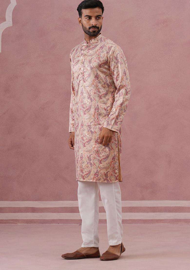 Cream Printed Silk Blend Kurta Pyjama Set For Men - Indya
