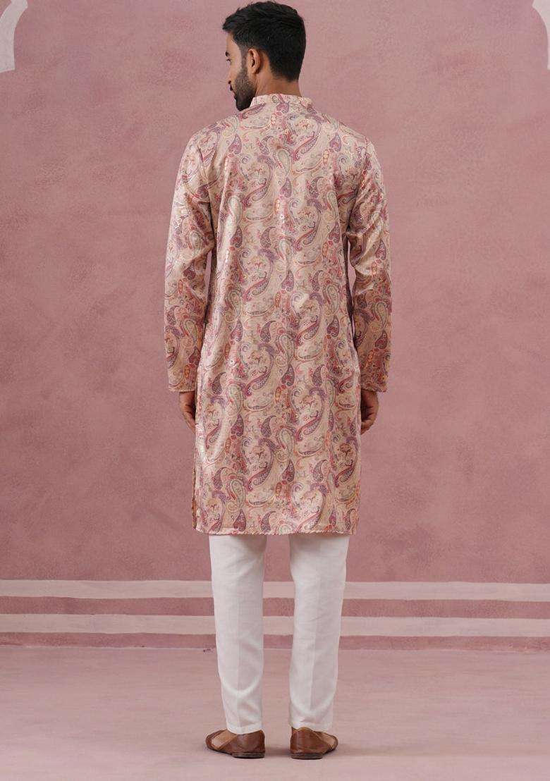 Cream Printed Silk Blend Kurta Pyjama Set For Men - Indya