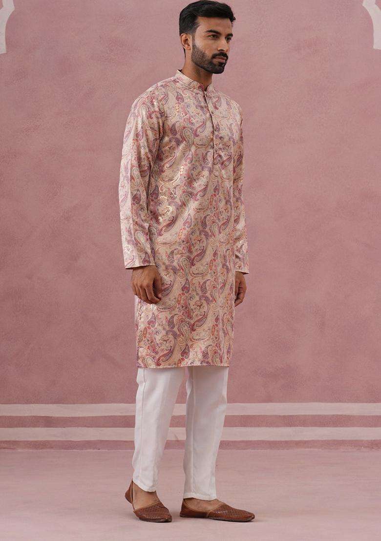Cream Printed Silk Blend Kurta Pyjama Set For Men - Indya