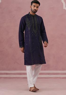 Navy Blue Embroidery Silk Blend Kurta Pyjama Set For Men