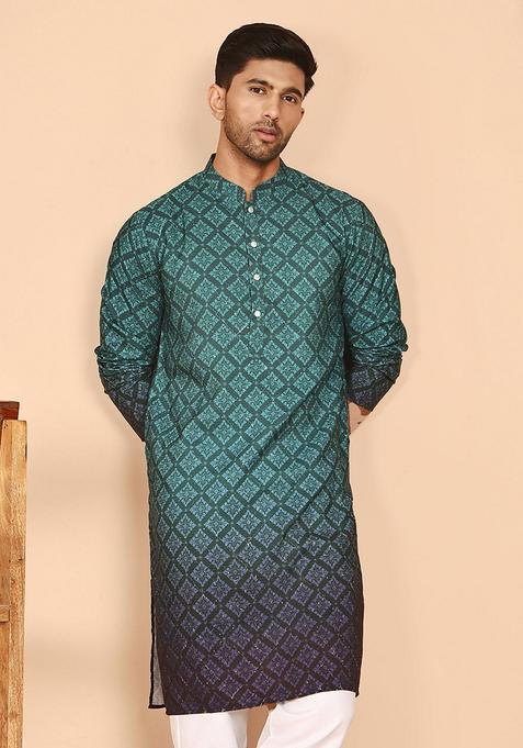 Teal Printed Cotton Kurta For Men