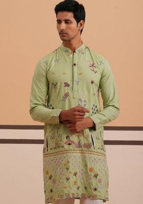 Pista Embroidery Cotton Kurta For Men