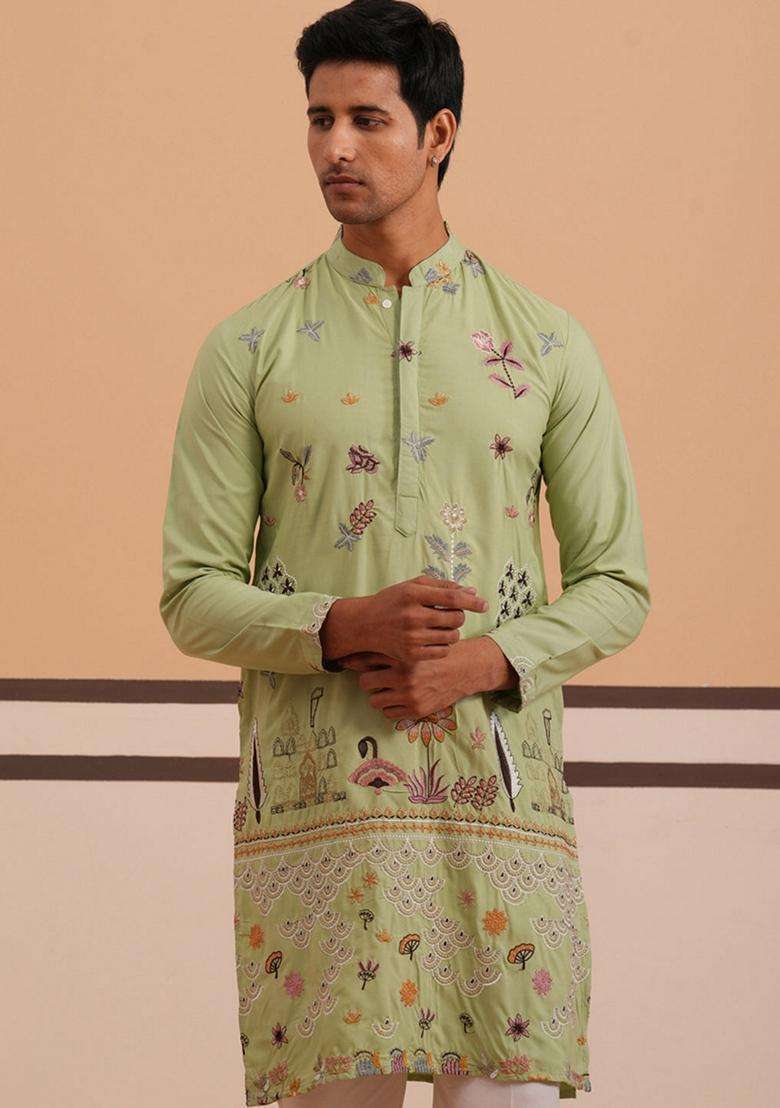 Pista Embroidery Cotton Kurta For Men - Indya