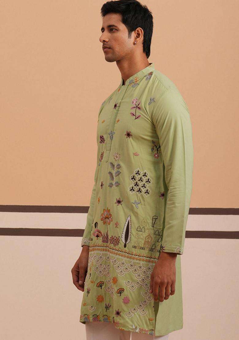 Pista Embroidery Cotton Kurta For Men - Indya