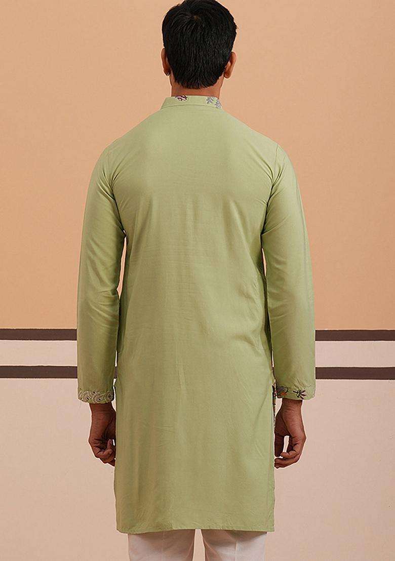Pista Embroidery Cotton Kurta For Men - Indya
