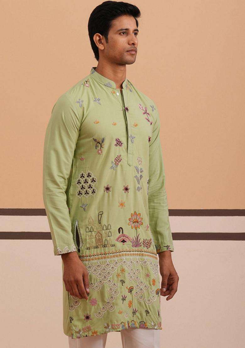 Pista Embroidery Cotton Kurta For Men - Indya