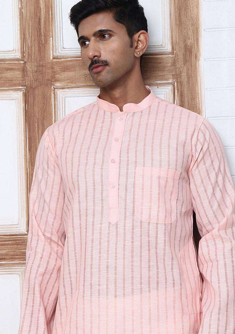 Peach Striped Cotton Kurta For Men - Indya
