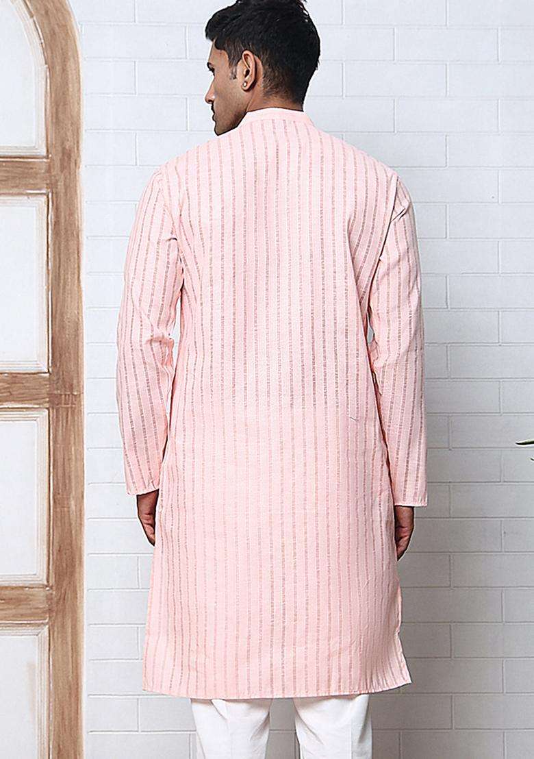 Peach Striped Cotton Kurta For Men - Indya