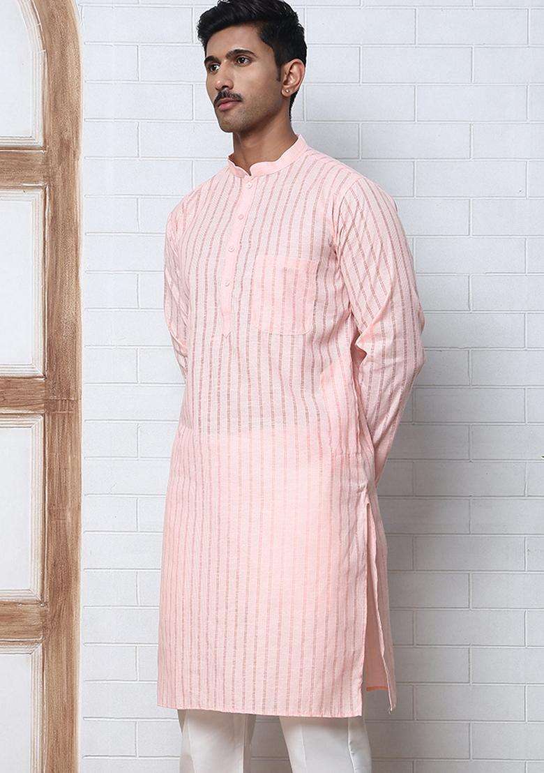 Peach Striped Cotton Kurta For Men - Indya