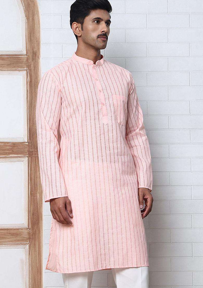 Peach Striped Cotton Kurta For Men - Indya