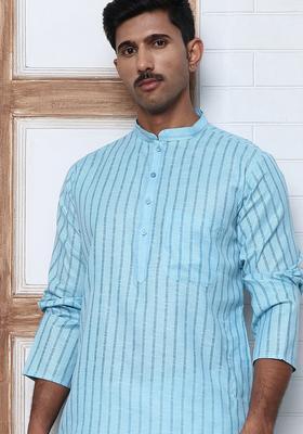 Sky Blue Striped Cotton Kurta For Men
