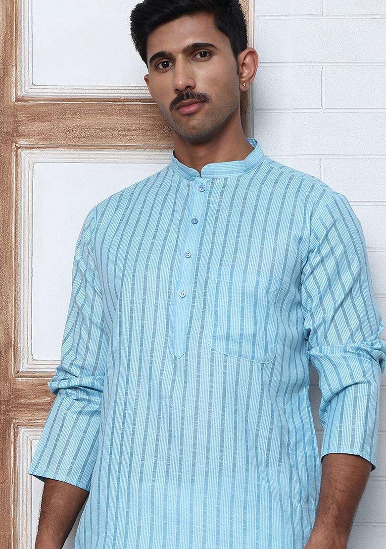 Sky Blue Striped Cotton Kurta For Men - Indya