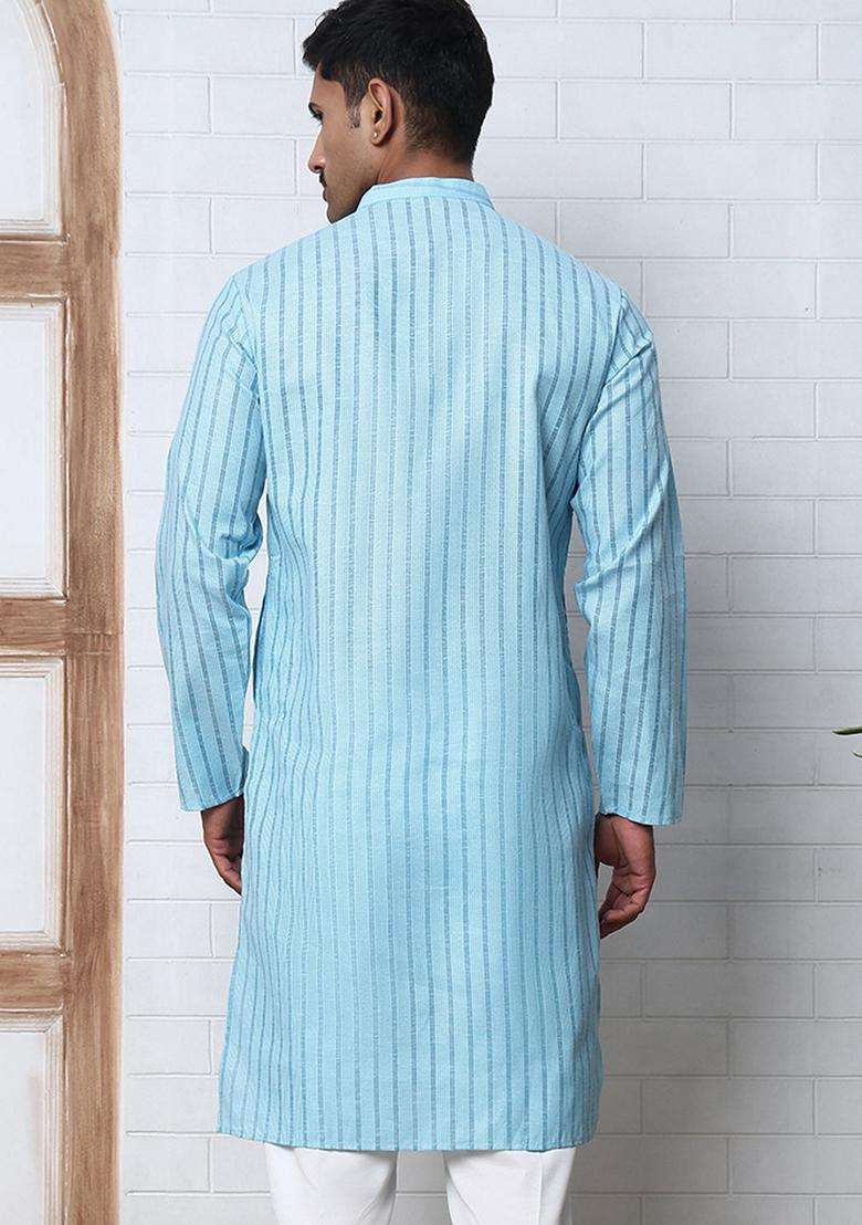 Sky Blue Striped Cotton Kurta For Men - Indya