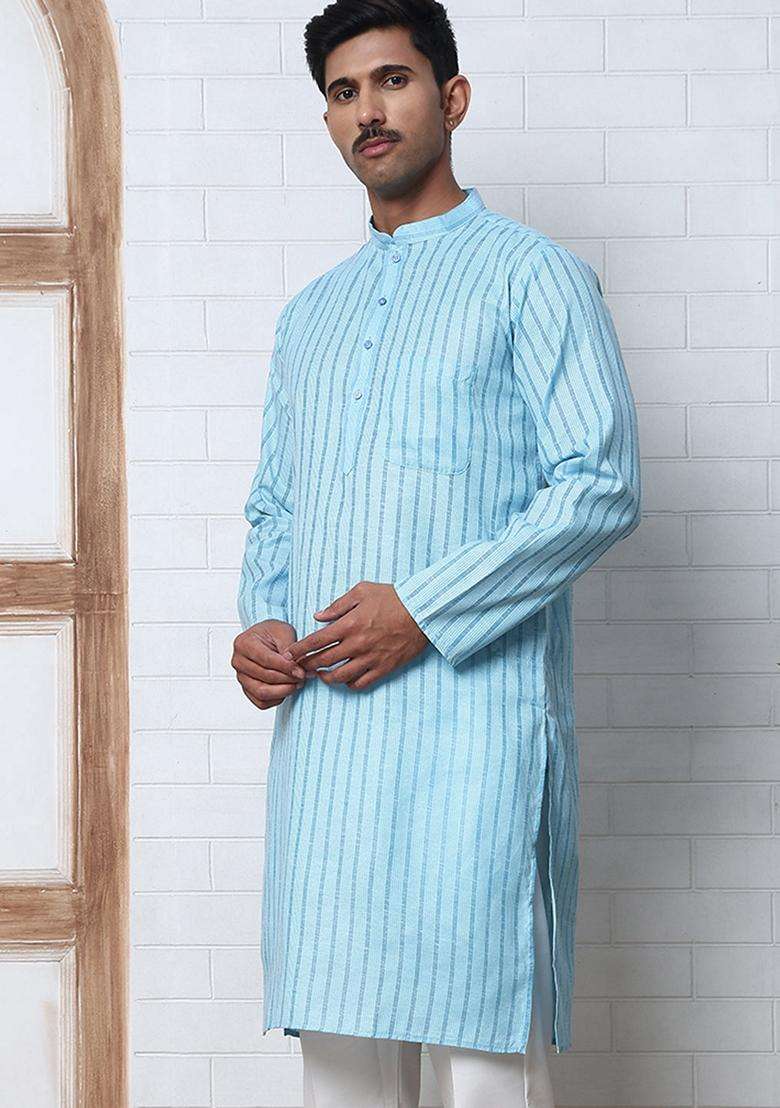 Sky Blue Striped Cotton Kurta For Men - Indya