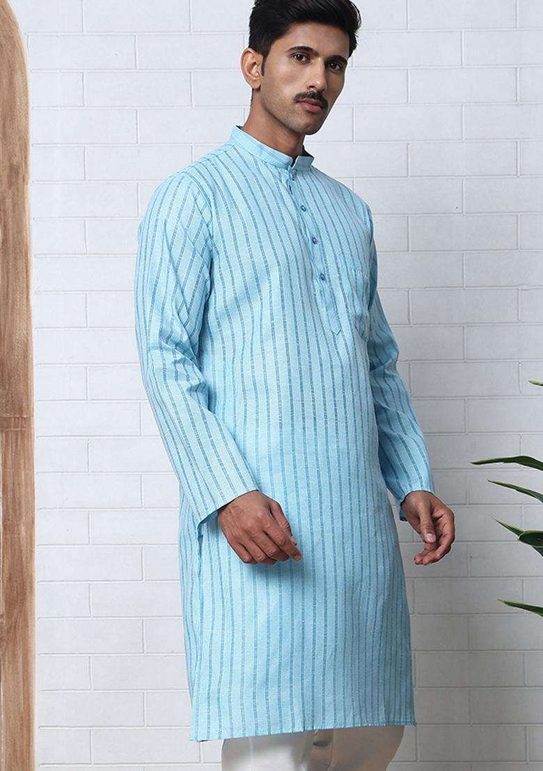 Sky Blue Striped Cotton Kurta For Men - Indya