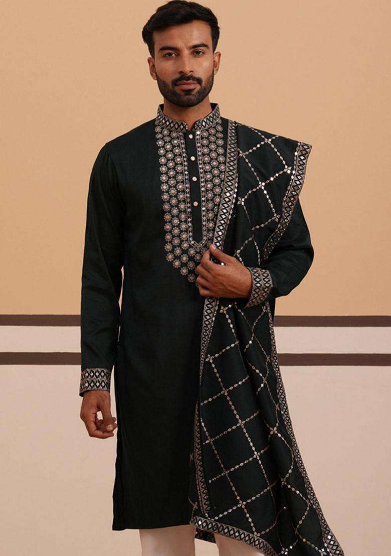Olive Embroidery Cotton Kurta For Men - Indya