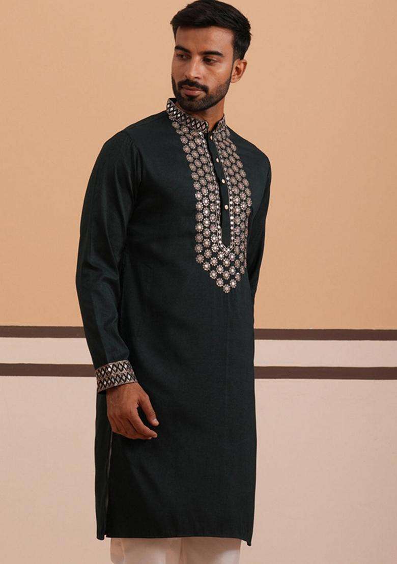 Olive Embroidery Cotton Kurta For Men - Indya
