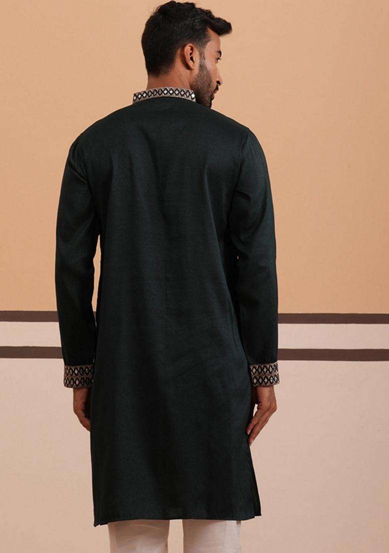 Olive Embroidery Cotton Kurta For Men - Indya