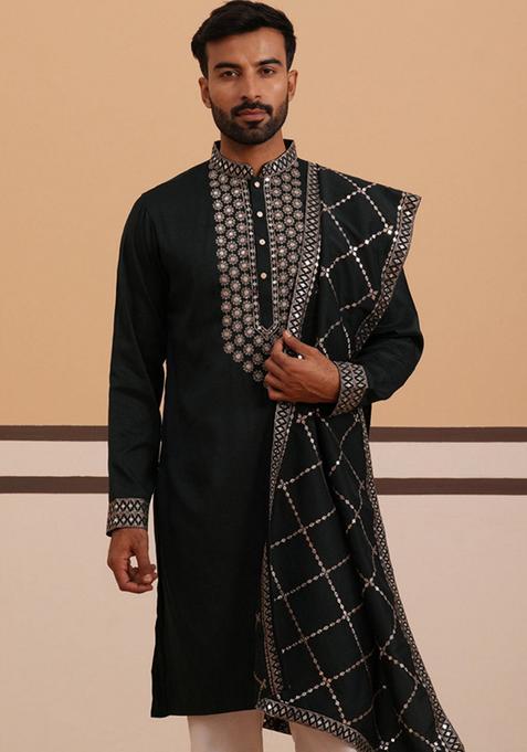 Olive Embroidery Cotton Kurta For Men