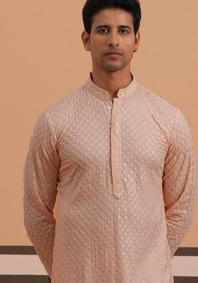 Peach Embroidery Cotton Kurta For Men